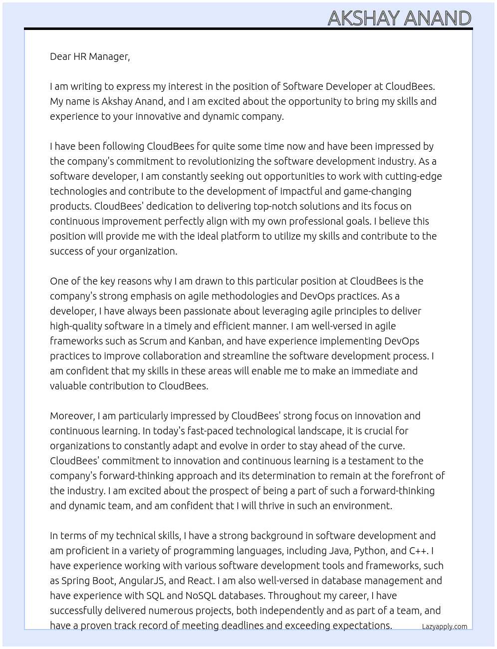 SOFTWARE DEVELOPER At CLOUDBEES Cover Letter