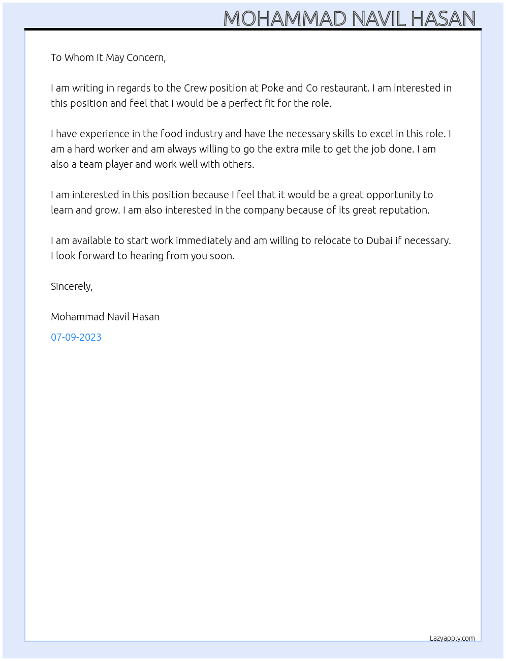 Crew At Poke and co restaurant  Cover Letter