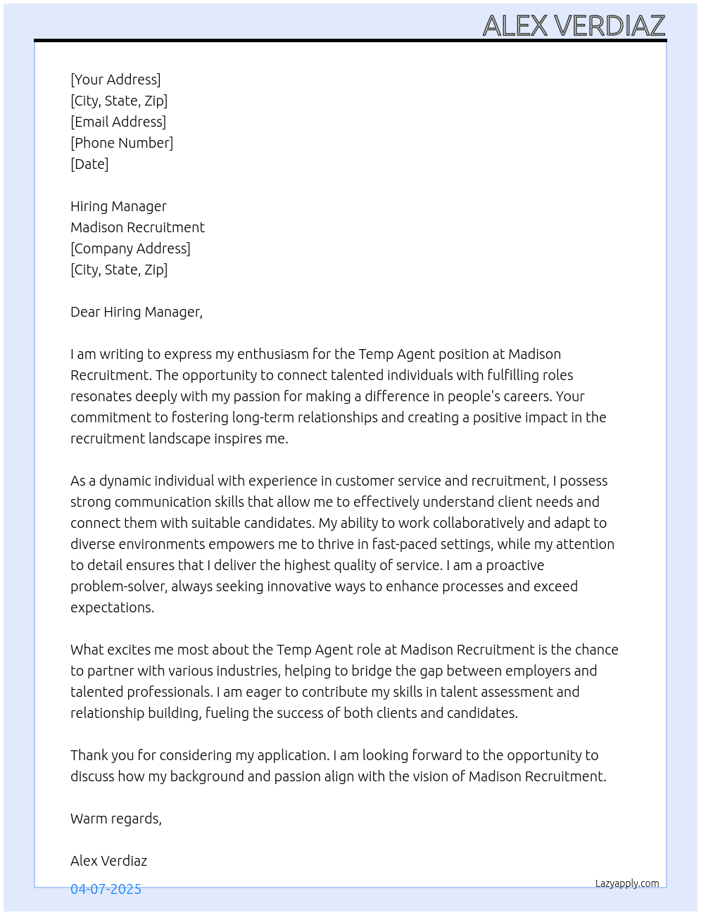Temp Agent At Madison Recuitment Cover Letter