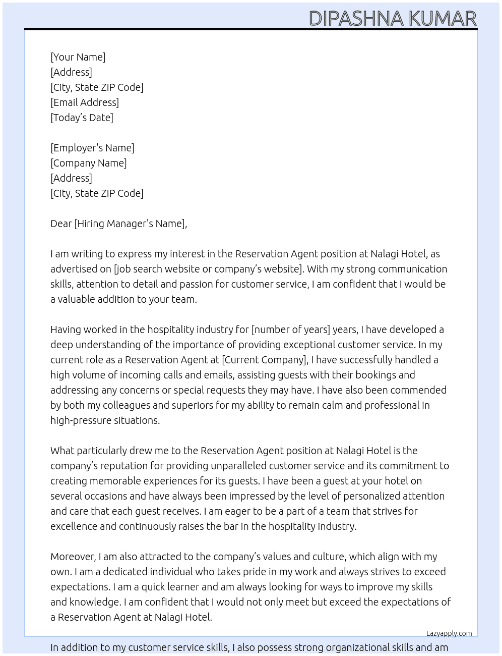 Reservation agent  At Nalagi Hotel  Cover Letter