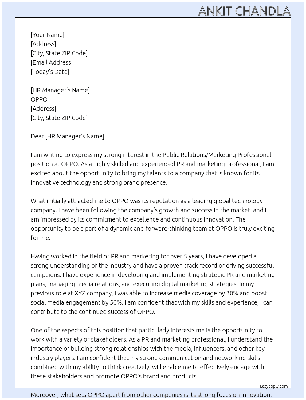Public Relations/Marketing professional  At OPPO Cover Letter