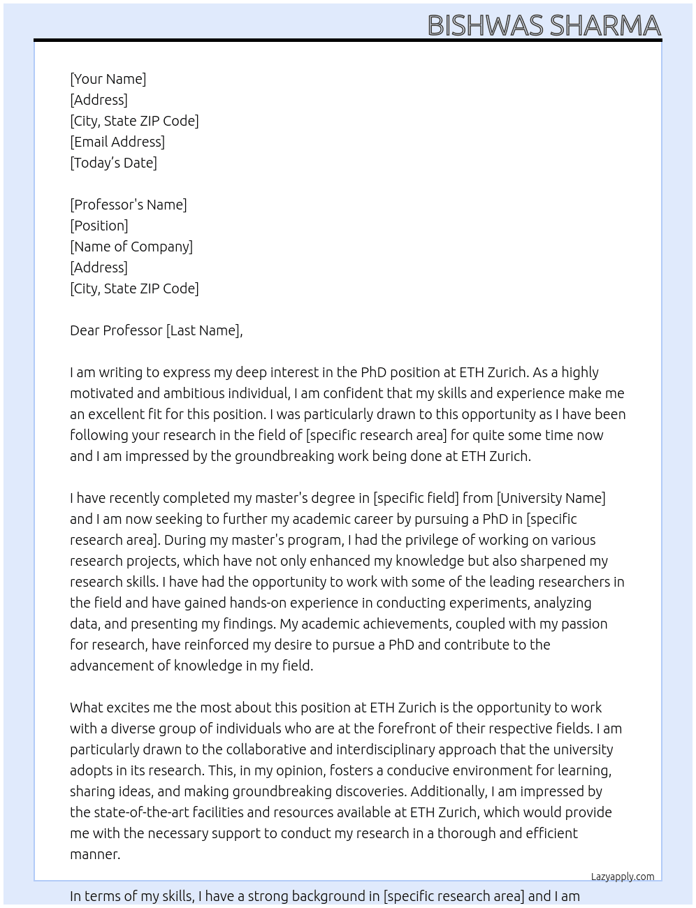 PhD position At ETH Zurich Cover Letter
