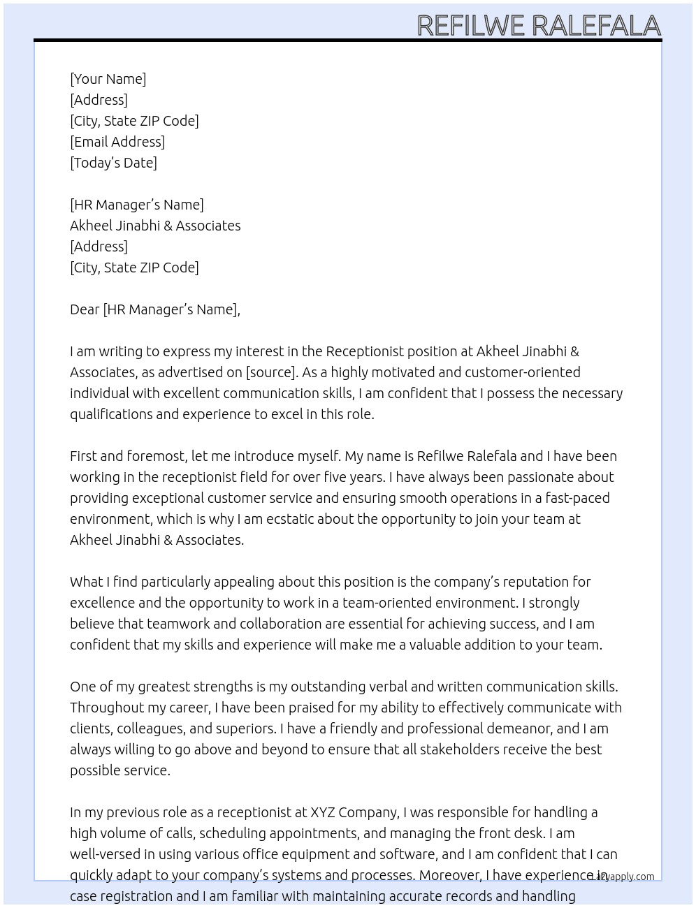 Receptionist At Akheel Jinabhi & Associates Cover Letter