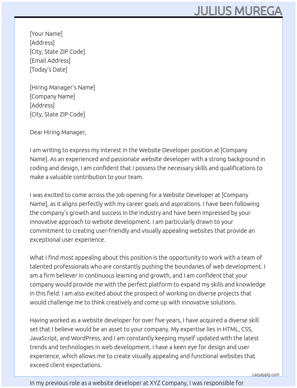 Website Developer At your company Cover Letter