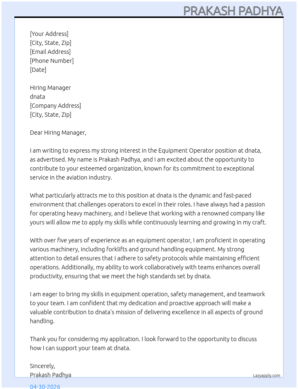 equipment operator At dnata Cover Letter