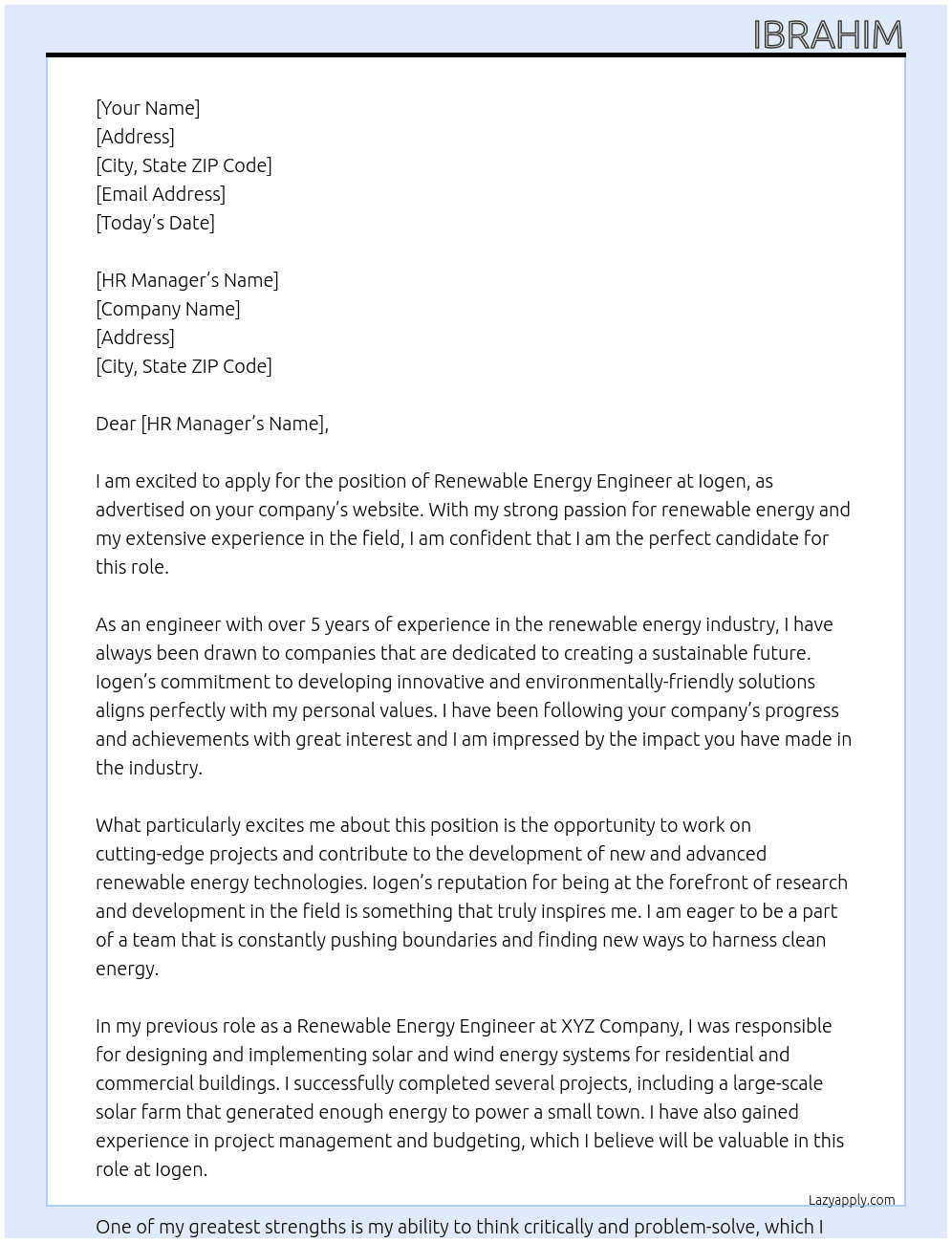 renewable energy engineer At iogen Cover Letter