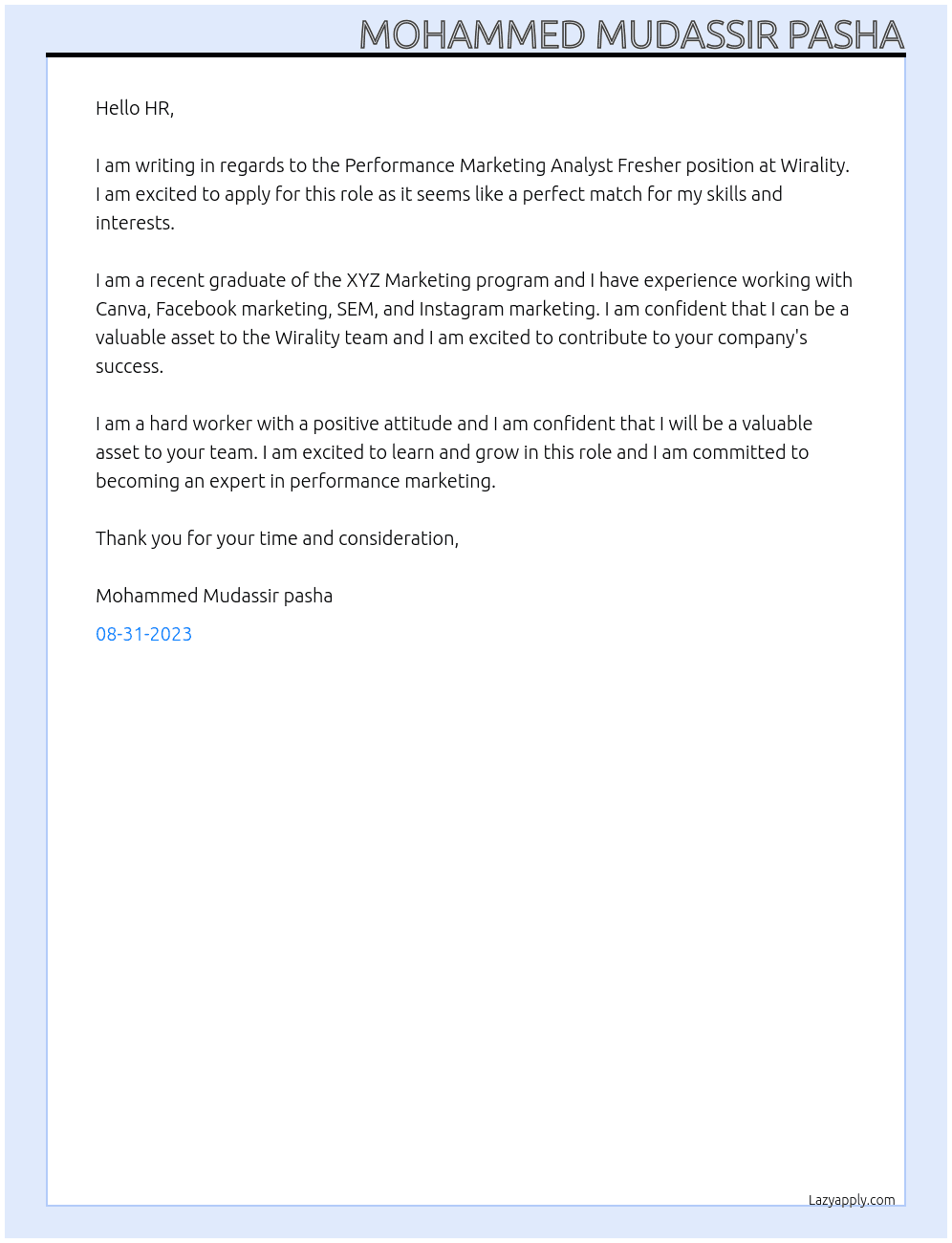 Performance Marketing Analyst Fresher  At Wirality Cover Letter