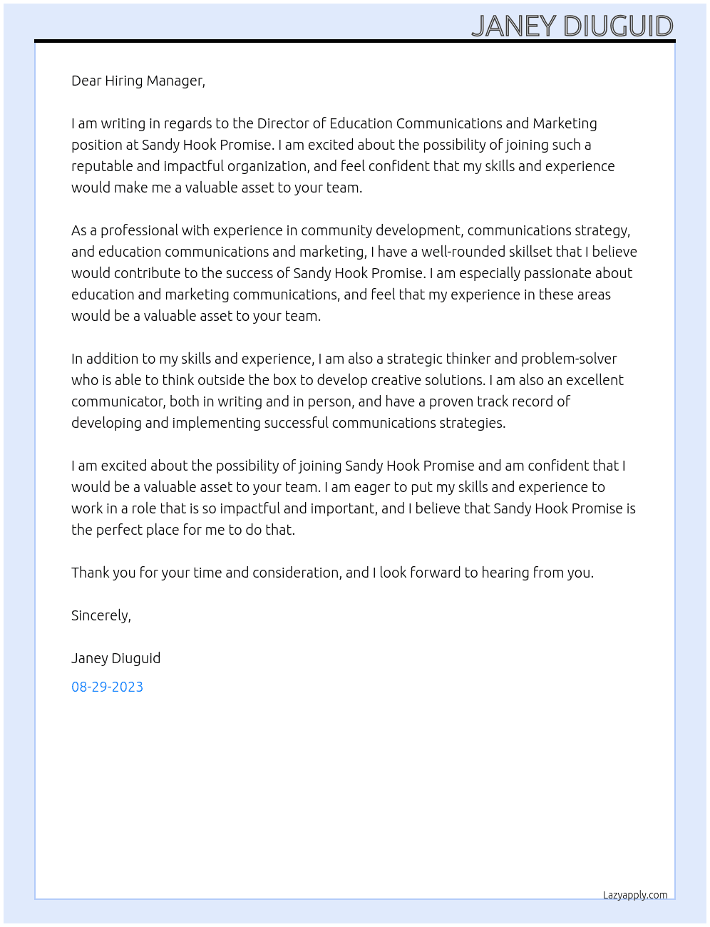 Director of education communications and marketing At Sandy Hook Promise Cover Letter