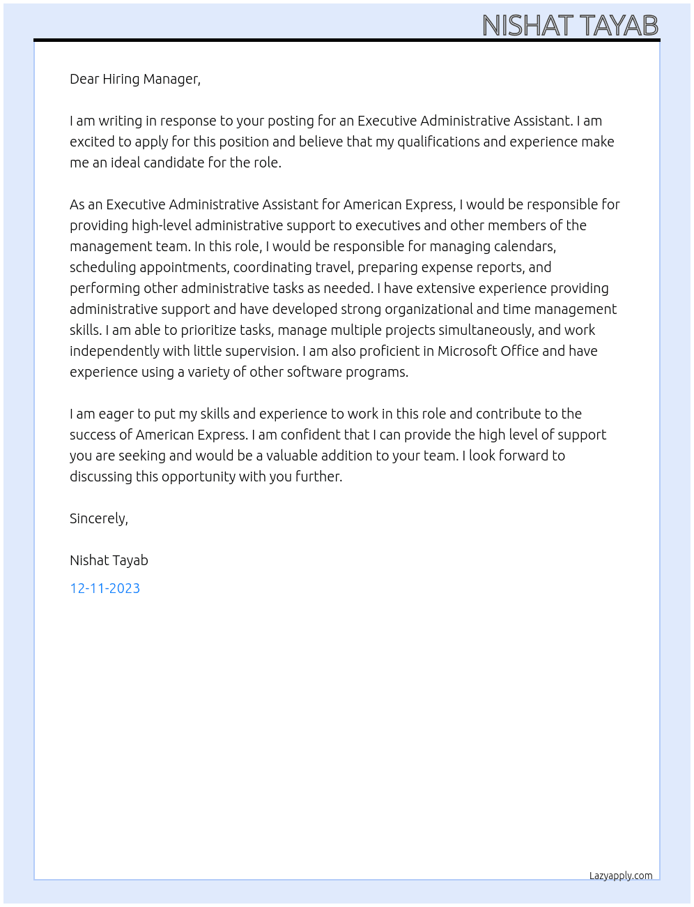 Executive Administrative Assistant At American Express Cover Letter
