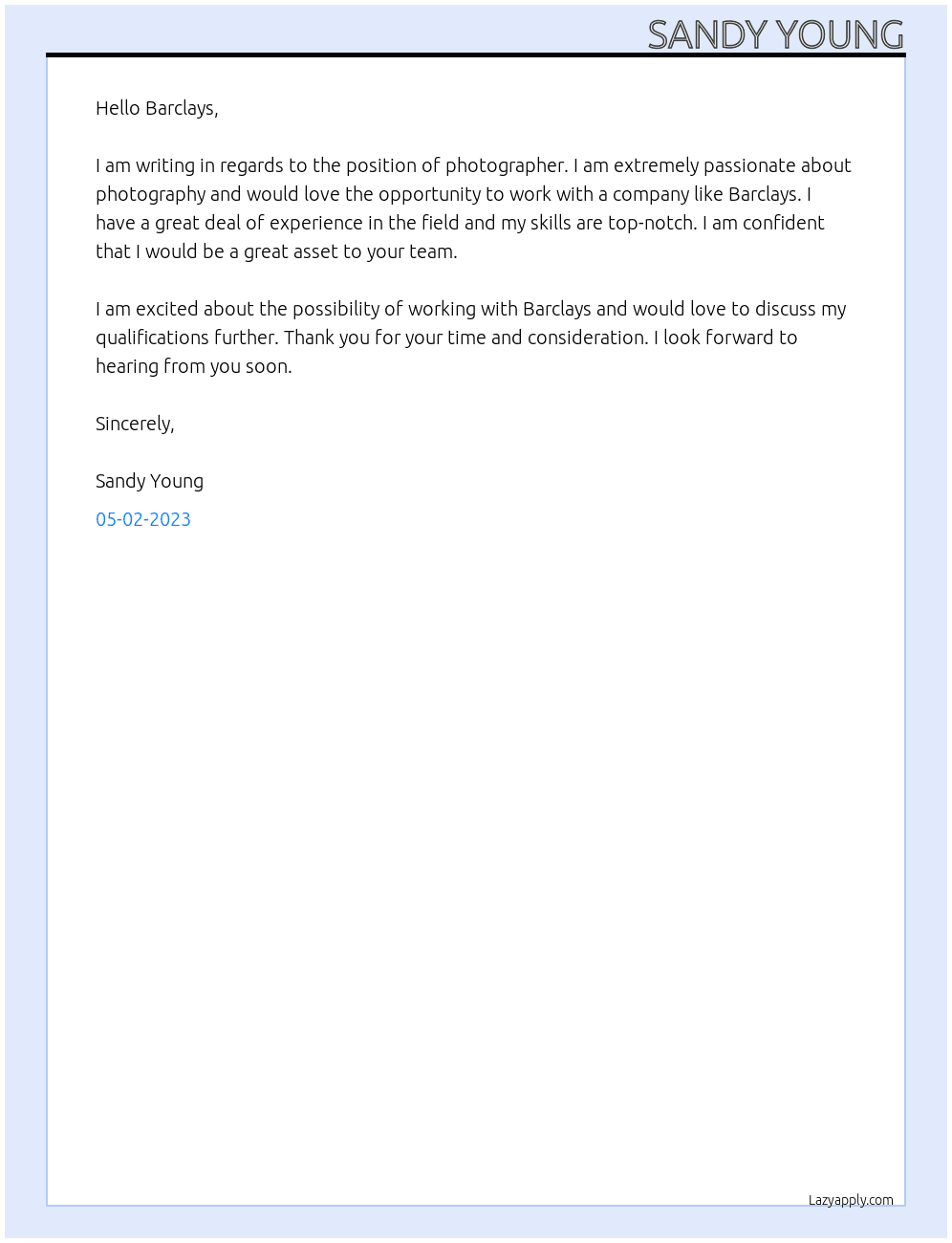 photographer At barclays Cover Letter
