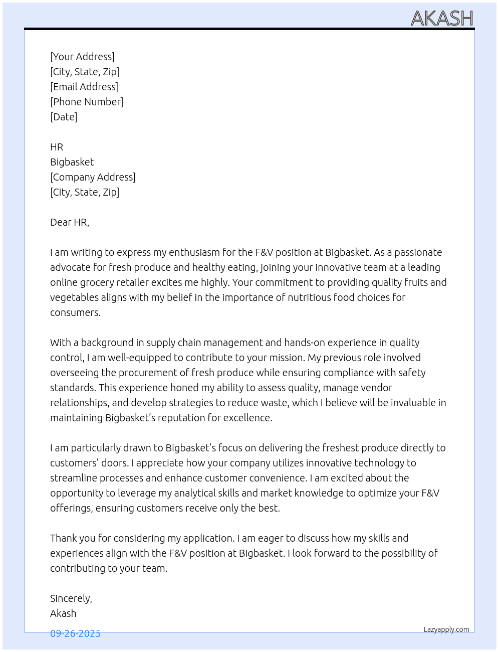 F&V At Bigbasket  Cover Letter