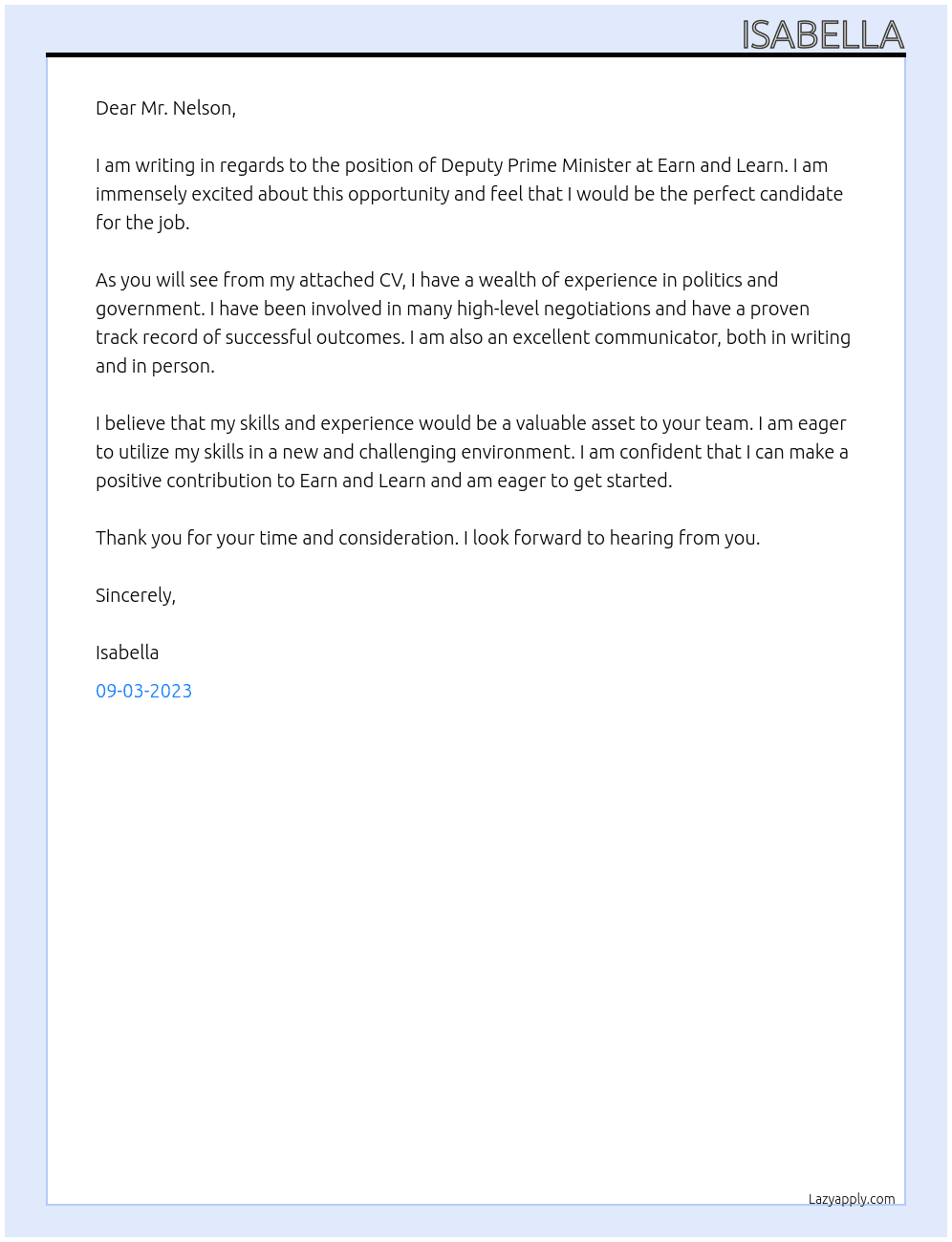 Deputy Prime Minister At Earn and Learn Cover Letter