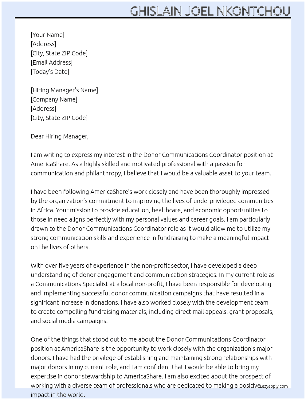 Donor Communications Coordinator At AmericaShare Cover Letter
