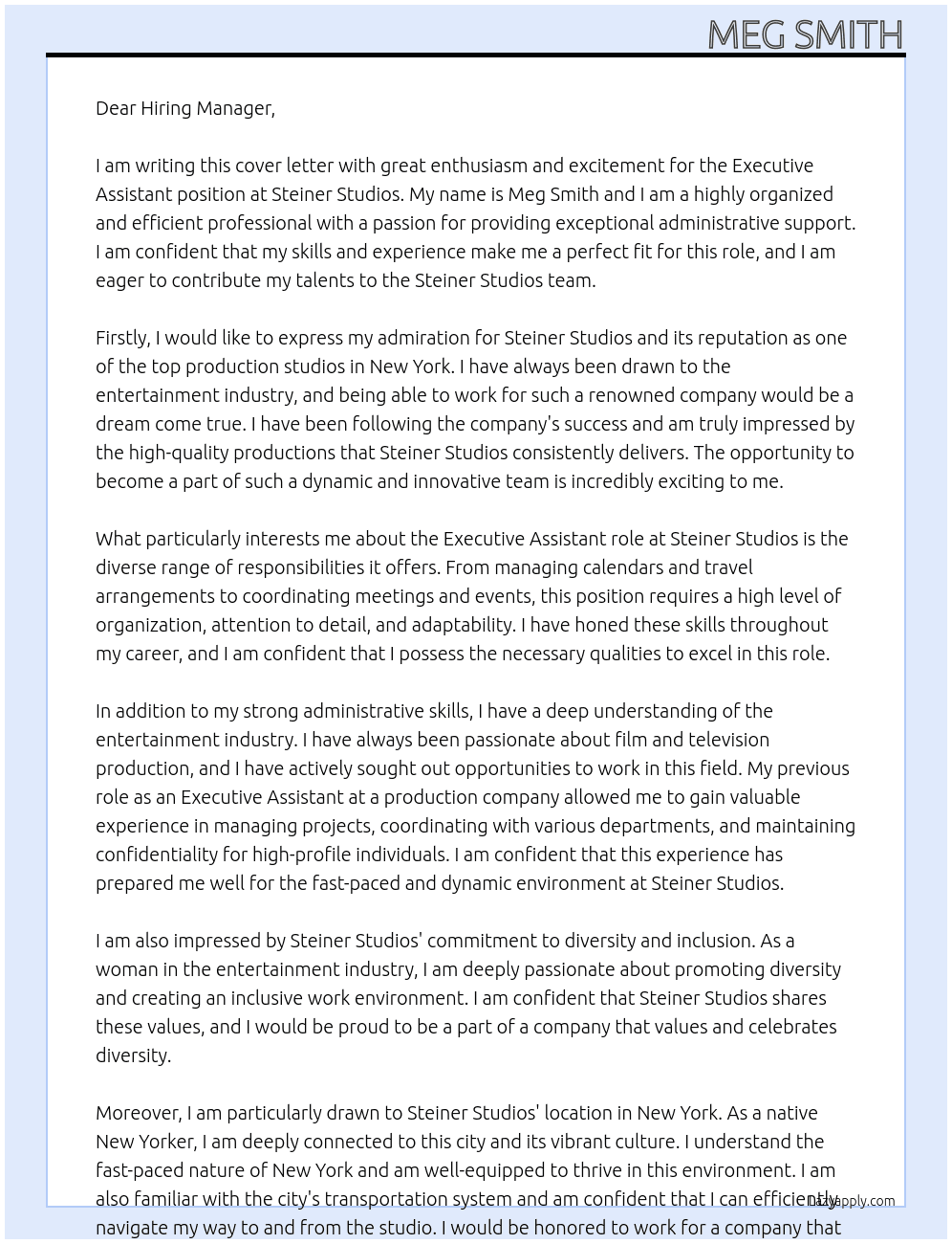 Executive assistant At Steiner Studios Cover Letter
