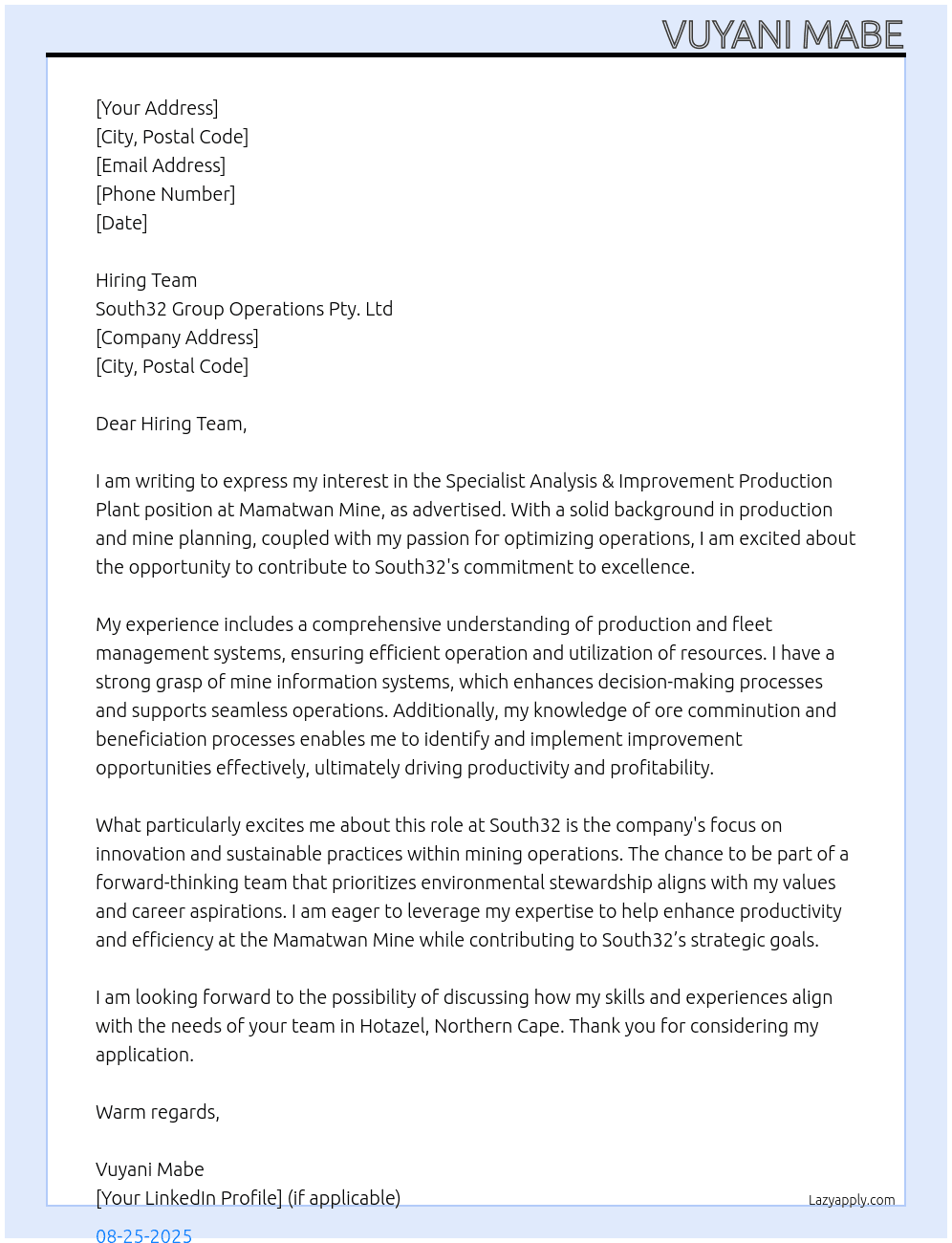 Specialist Analysis & Improvement Production Plant - Mamatwan Mine At South32 Group Operations Pty. Ltd Cover Letter