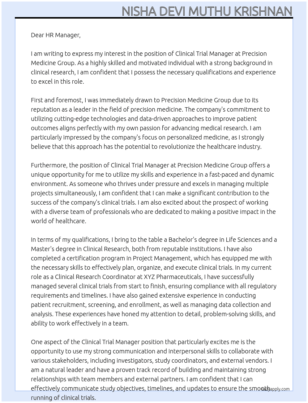 Clinical Trial Manager At Precision Medicine Group Cover Letter