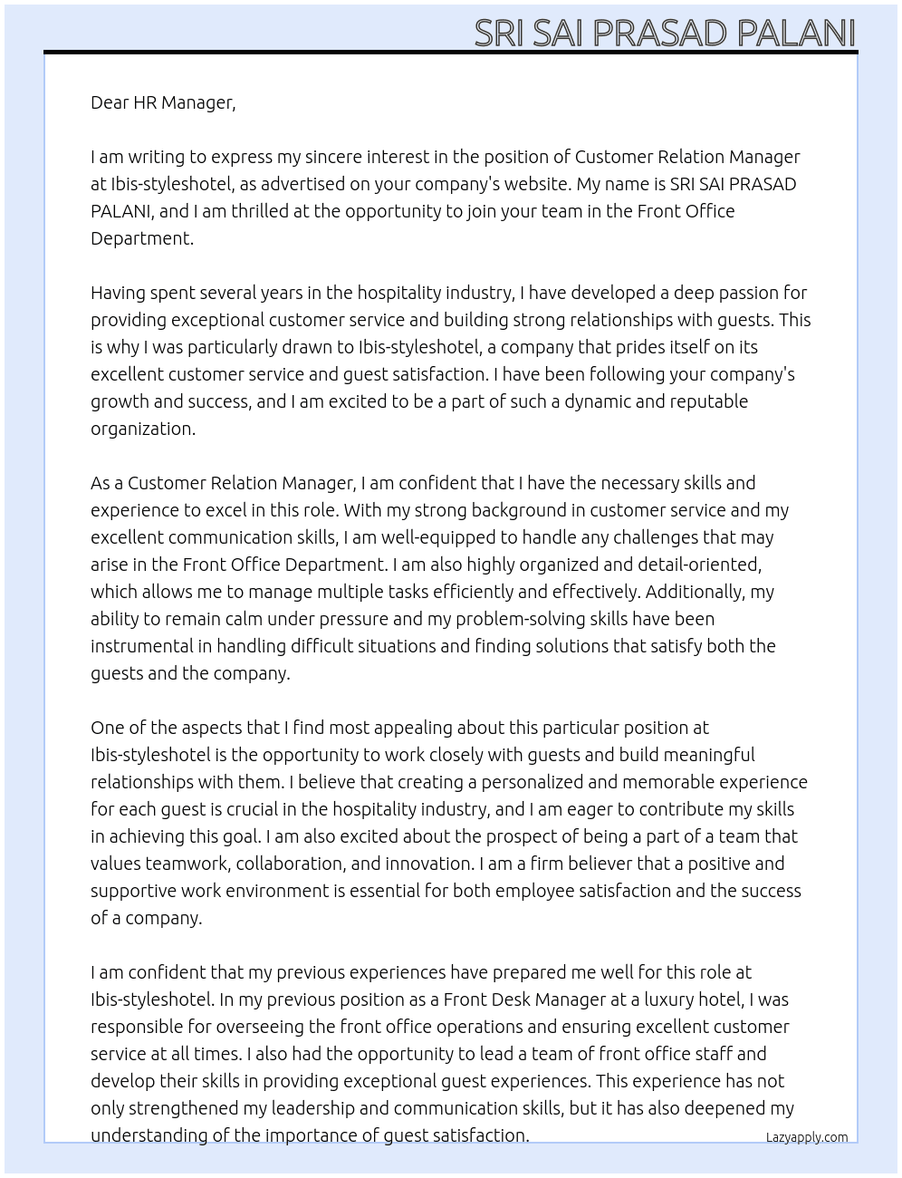 Customer Relation Manager  At Ibis-styleshotel Cover Letter
