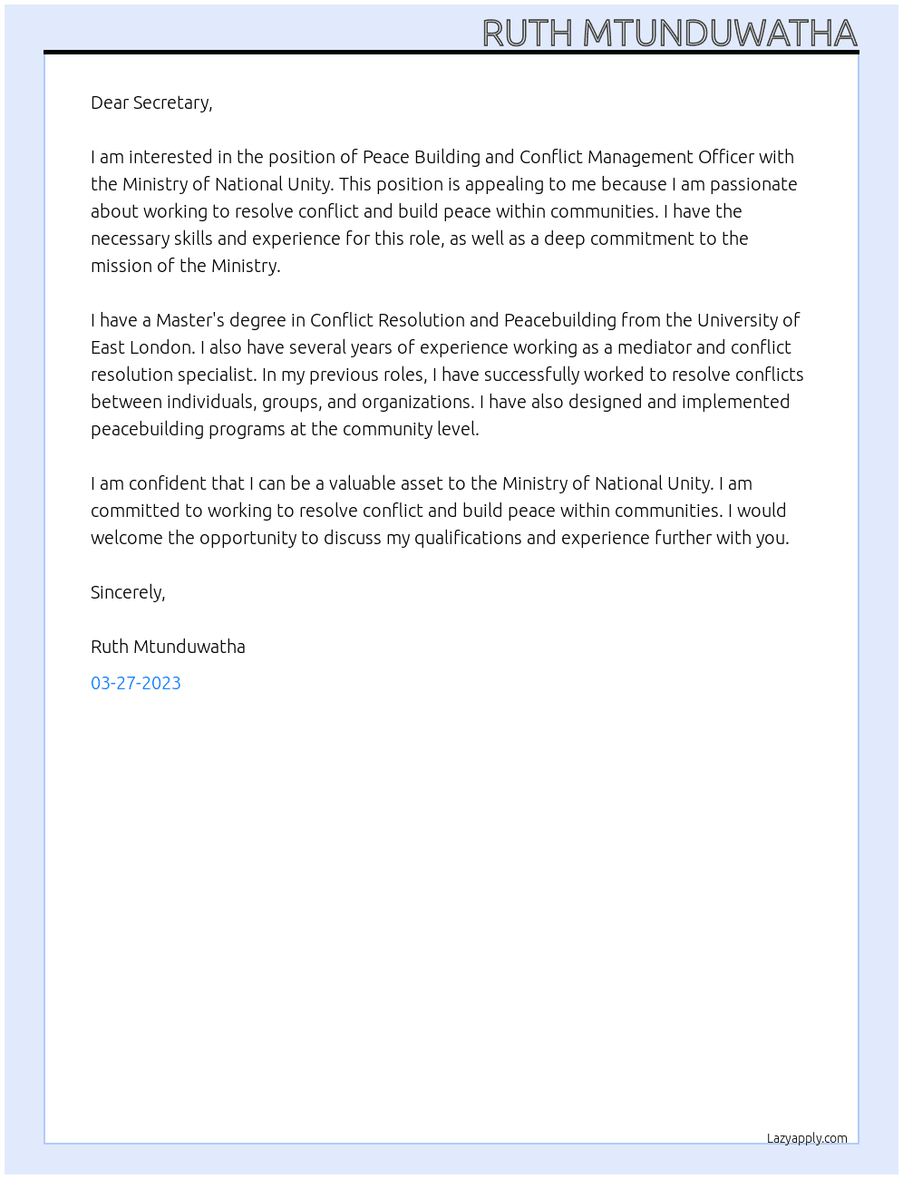 Peace Building and Conflict Management Officer At Ministry of National Unity Cover Letter