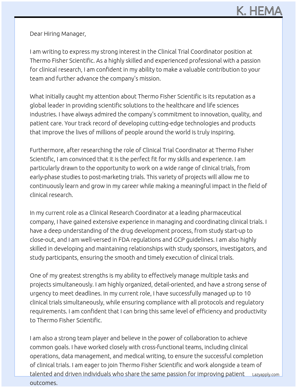 Clinical Trial Coordinator At Thermo fisher scientific Cover Letter