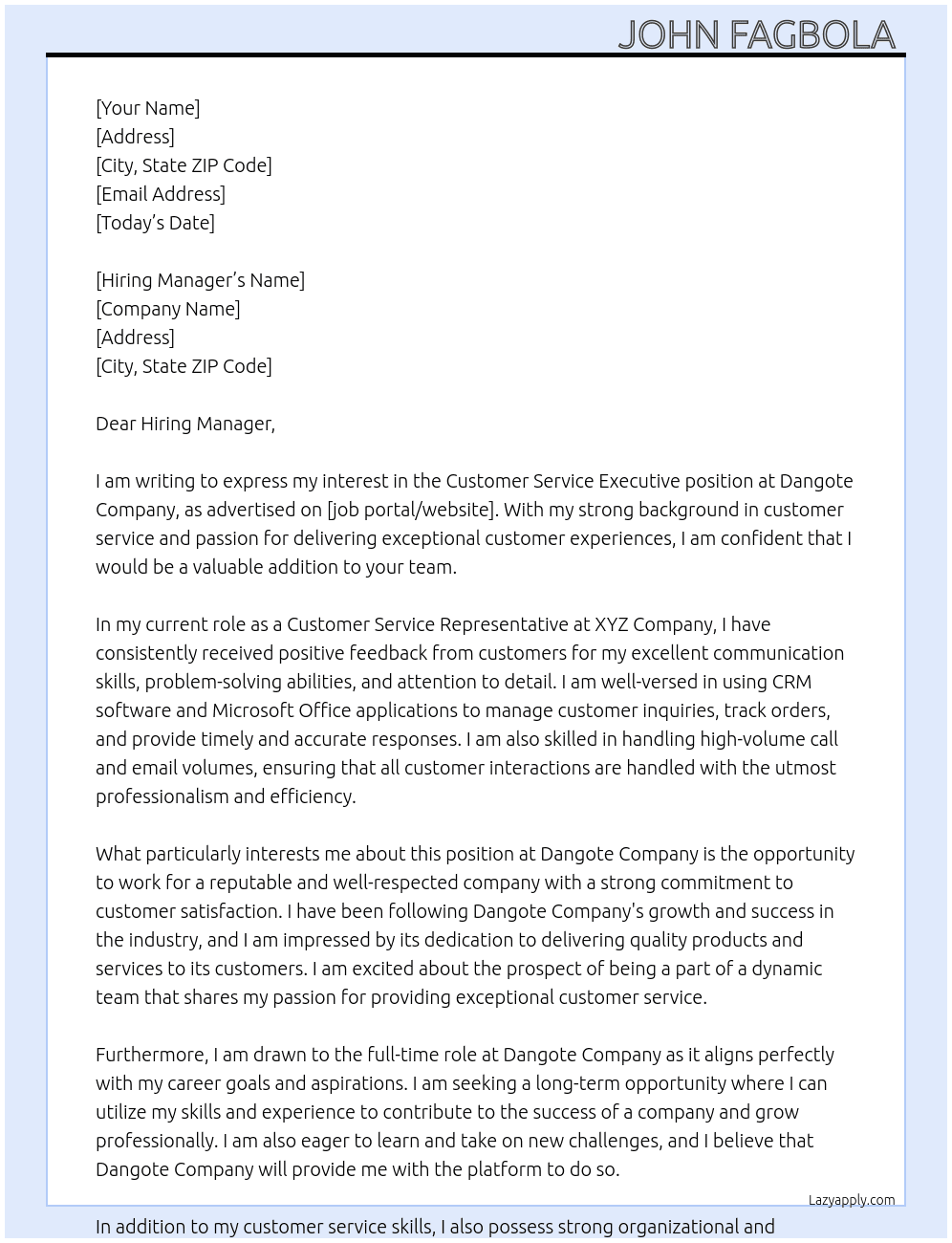 Customer service executive  At Dangote company  Cover Letter