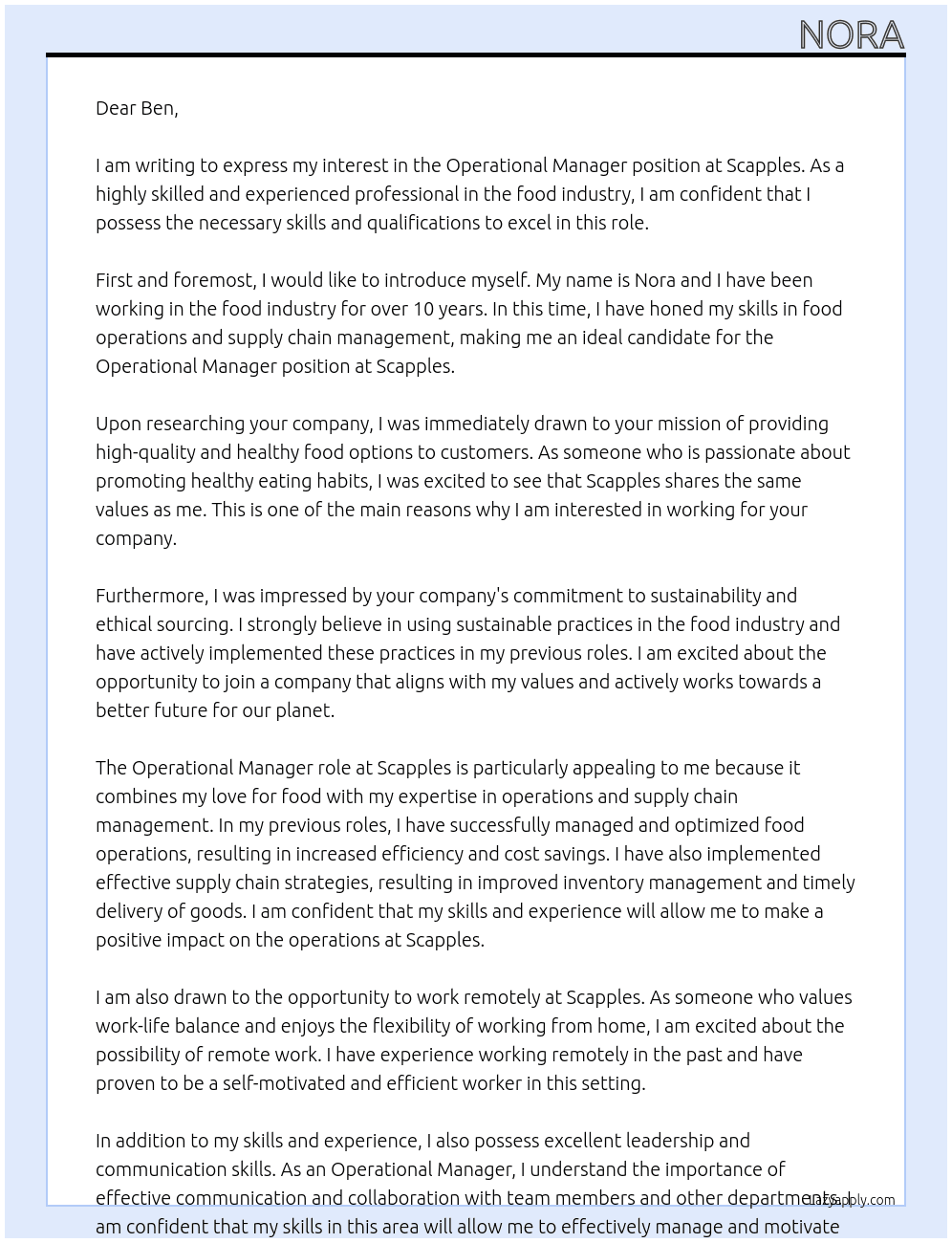 Operational Manager At scapples Cover Letter