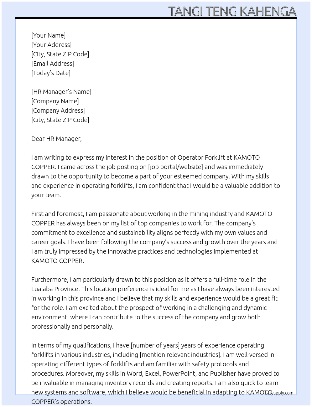Operator Forklift At KAMOTO COPPER Cover Letter
