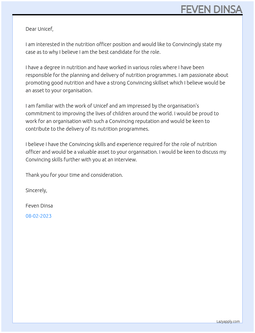 nutrition officer At Unicef Cover Letter