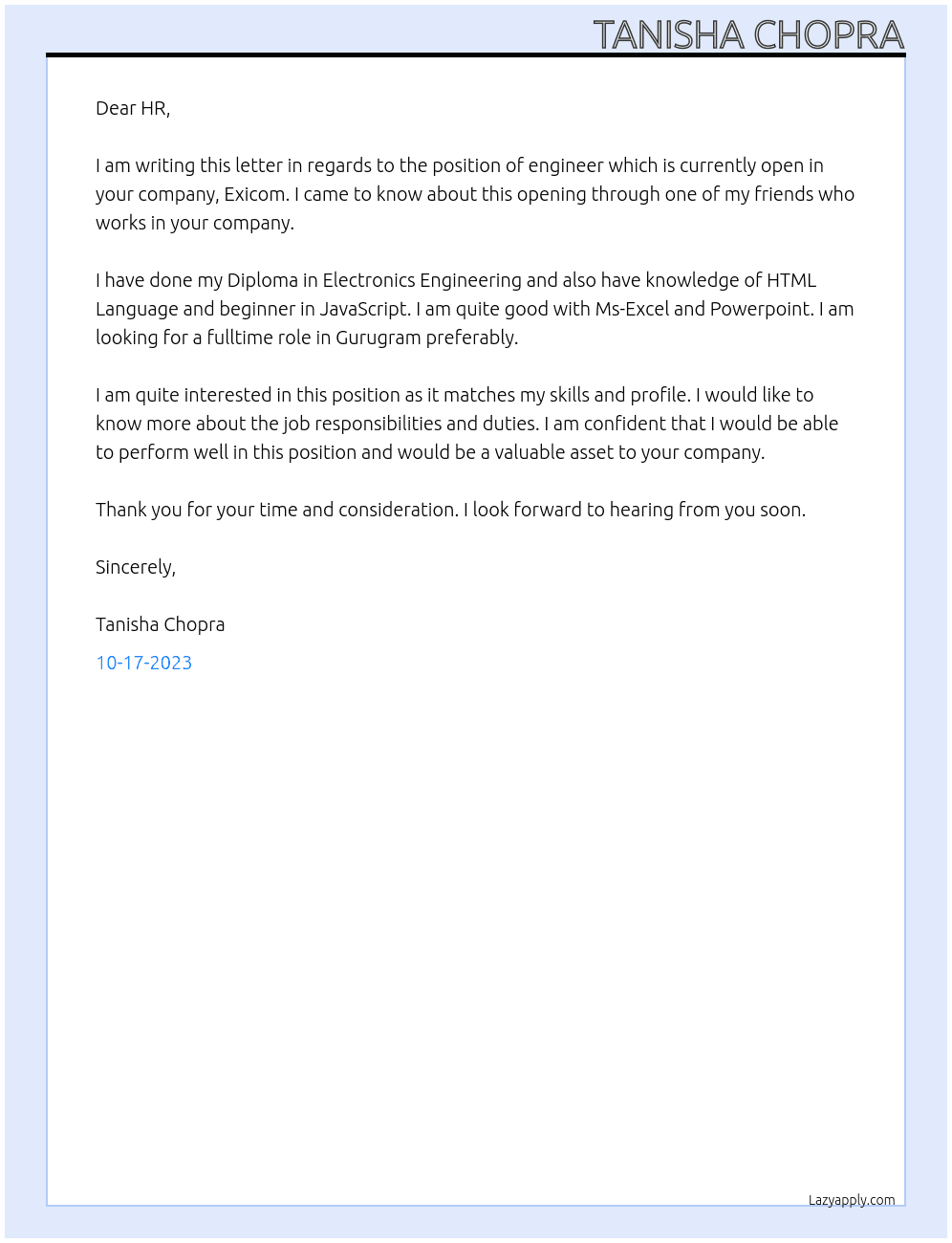 Engineer At Exicom Cover Letter