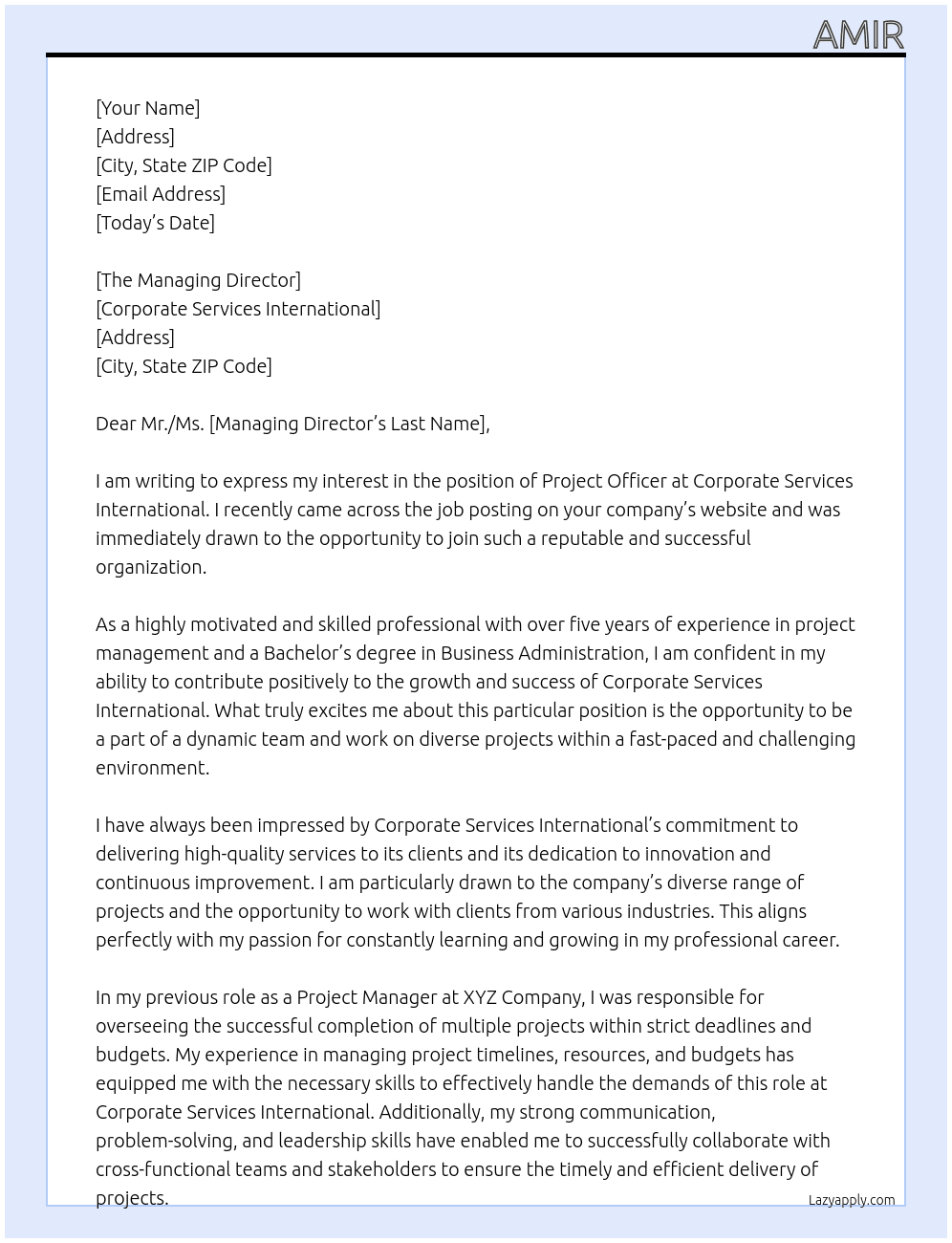 Project Officer  At CORPORATE SERVICES INTERNATIONAL   Cover Letter
