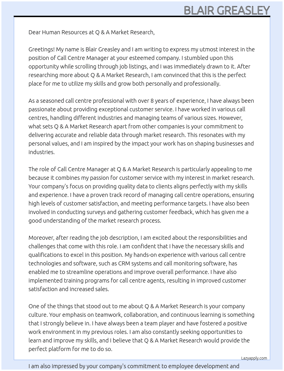 Call Centre Manager At Q & A Market Research Cover Letter