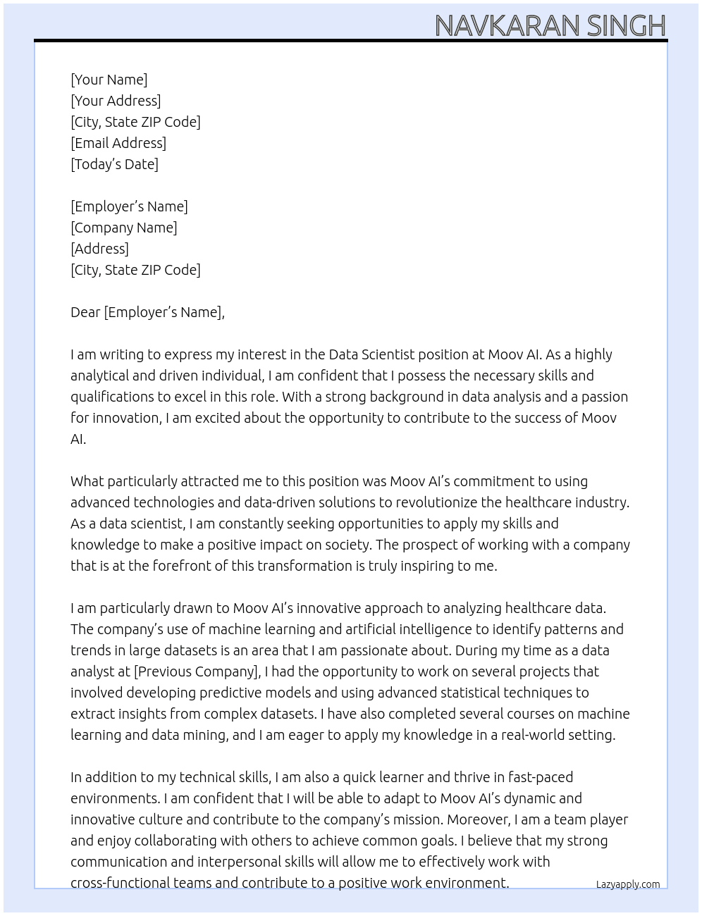 Data scientist At Moov AI Cover Letter