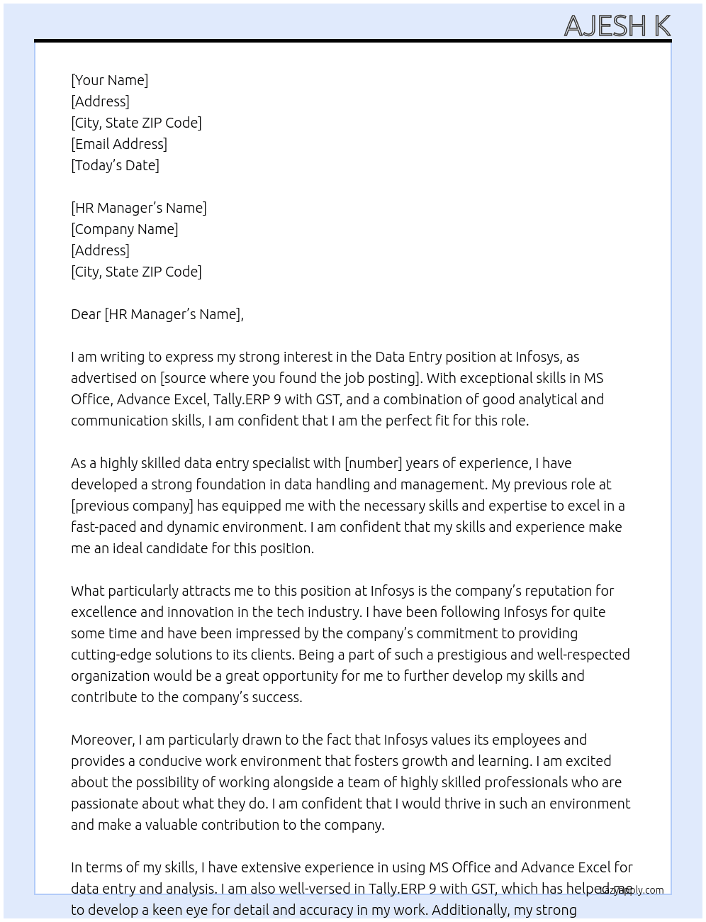 Data entery  At Infosys Cover Letter