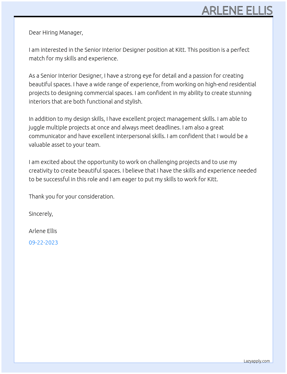 Senior Interior Designer At Kitt Cover Letter