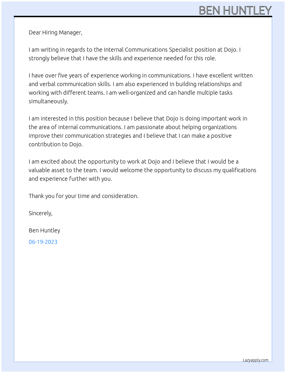 Internal Communications Specialist At Dojo Cover Letter