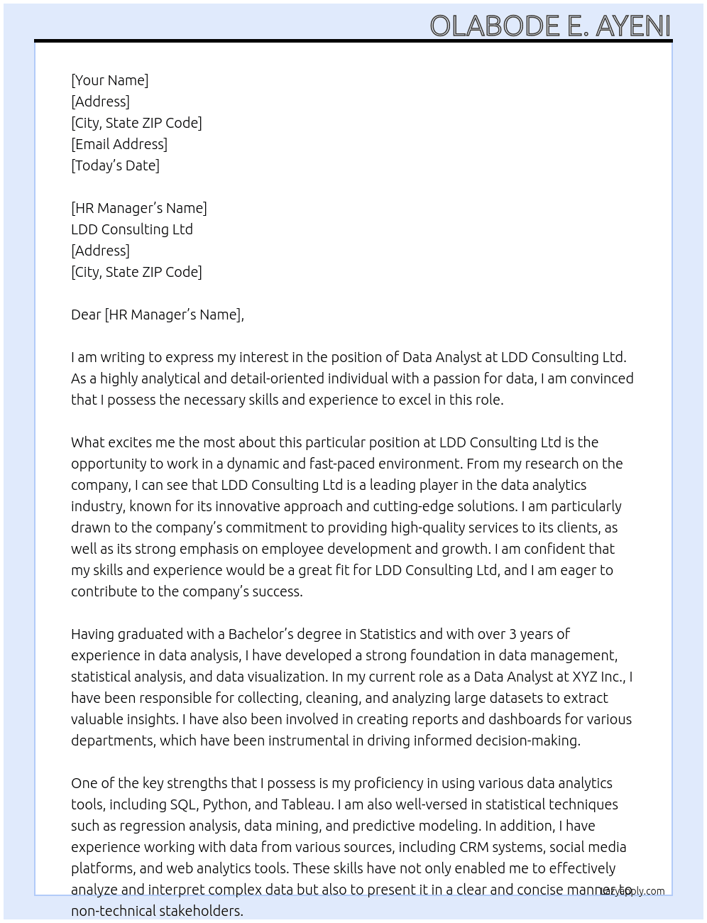 Data Analyst At LDD Consulting Ltd Cover Letter