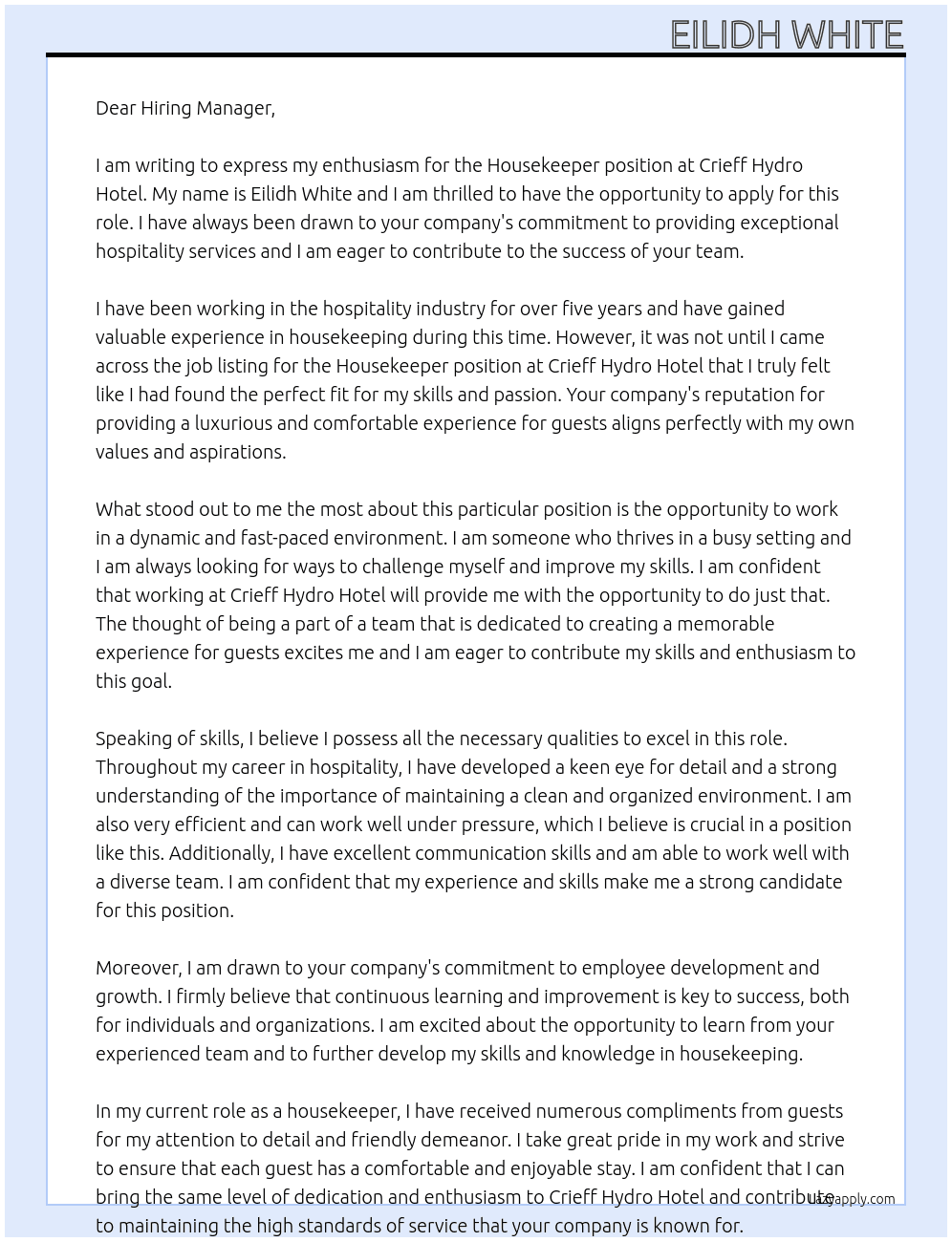 Housekeeper At Crieff Hydro Hotel Cover Letter