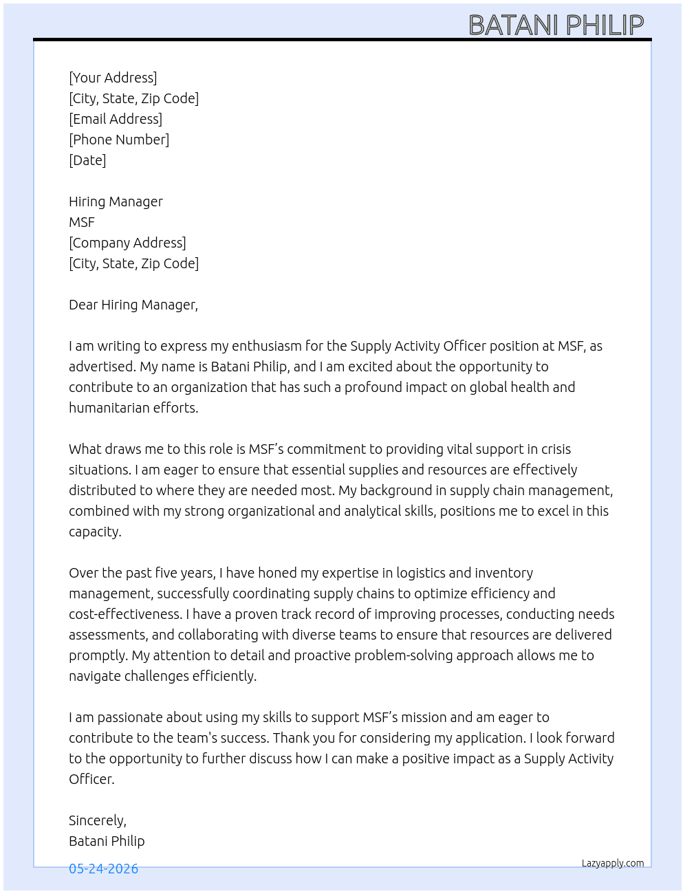 Supply activity officer  At MSF Cover Letter