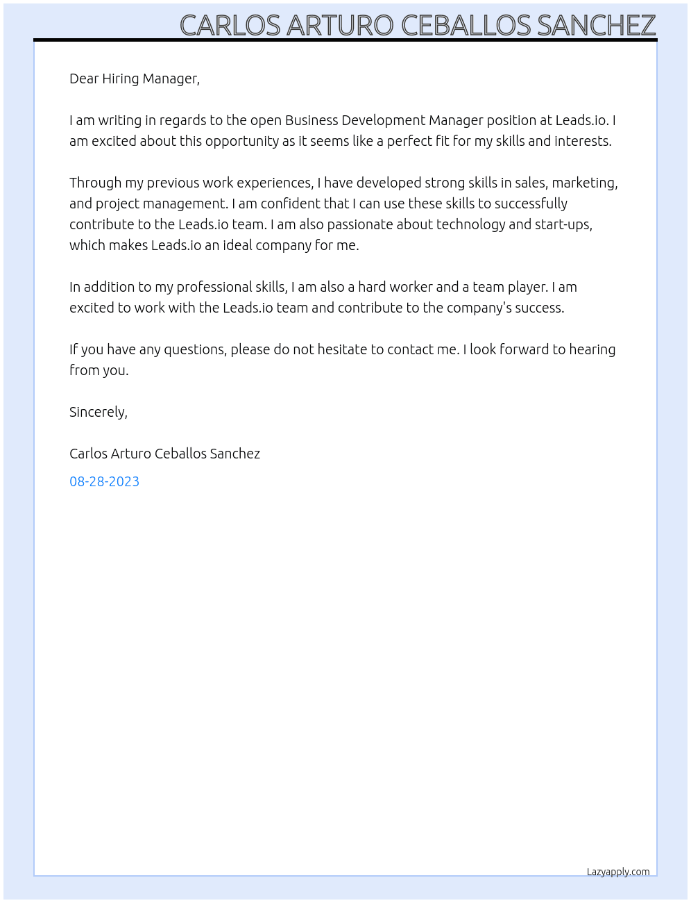 Business Development Manager At Leads.io Cover Letter