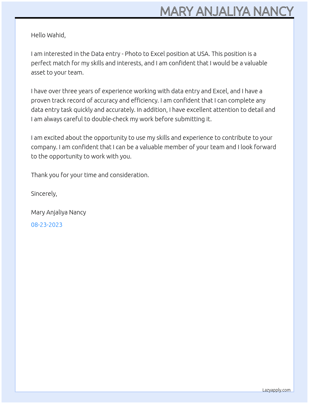 Data entry - Photo to Excel At usa Cover Letter