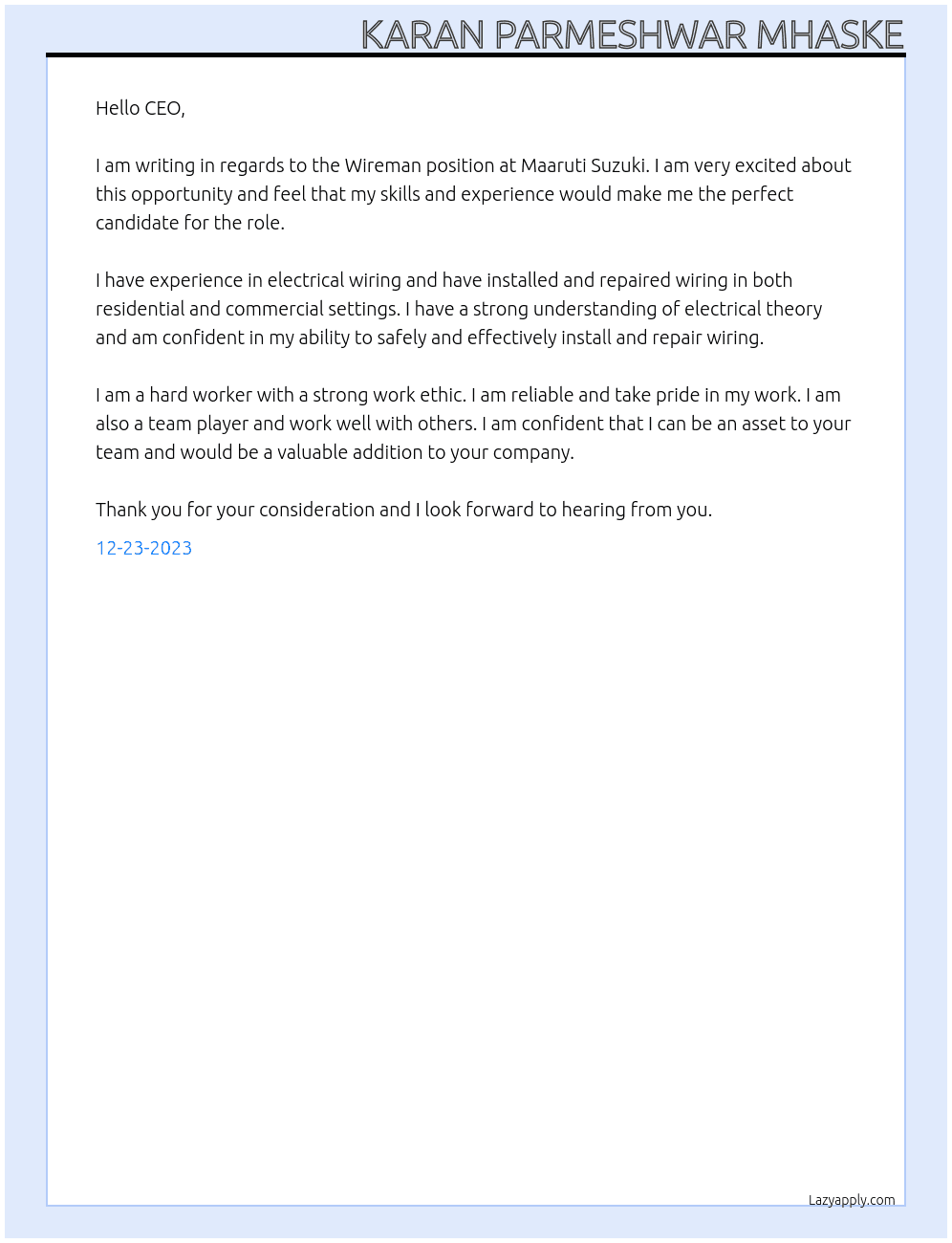 Wireman At Maaruti suzuki Cover Letter