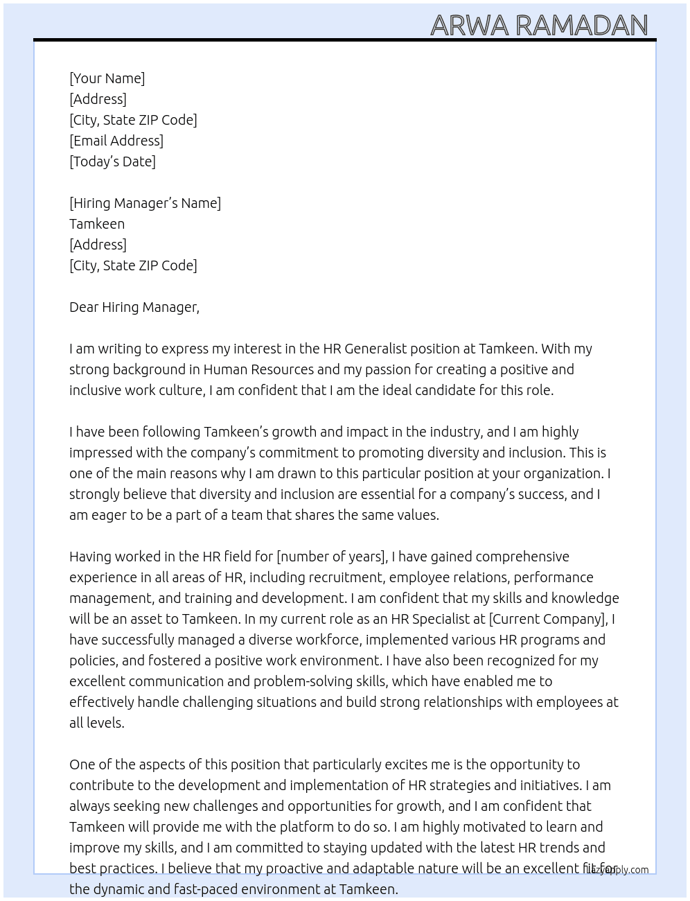 HR generalist At Tamkeen Cover Letter