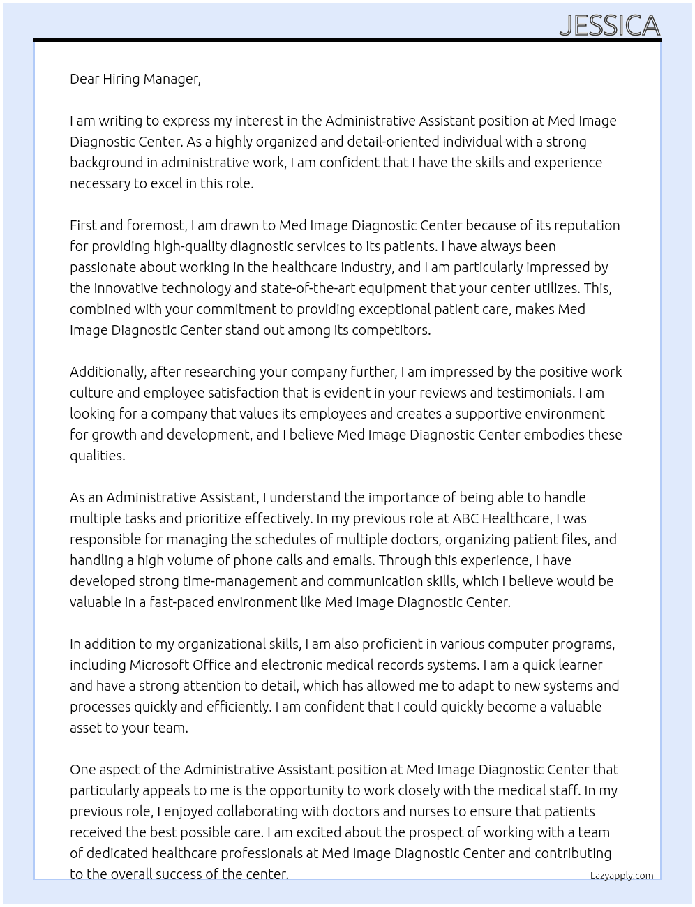 Administrative Assistant At Med Image Diagnostic Center Cover Letter