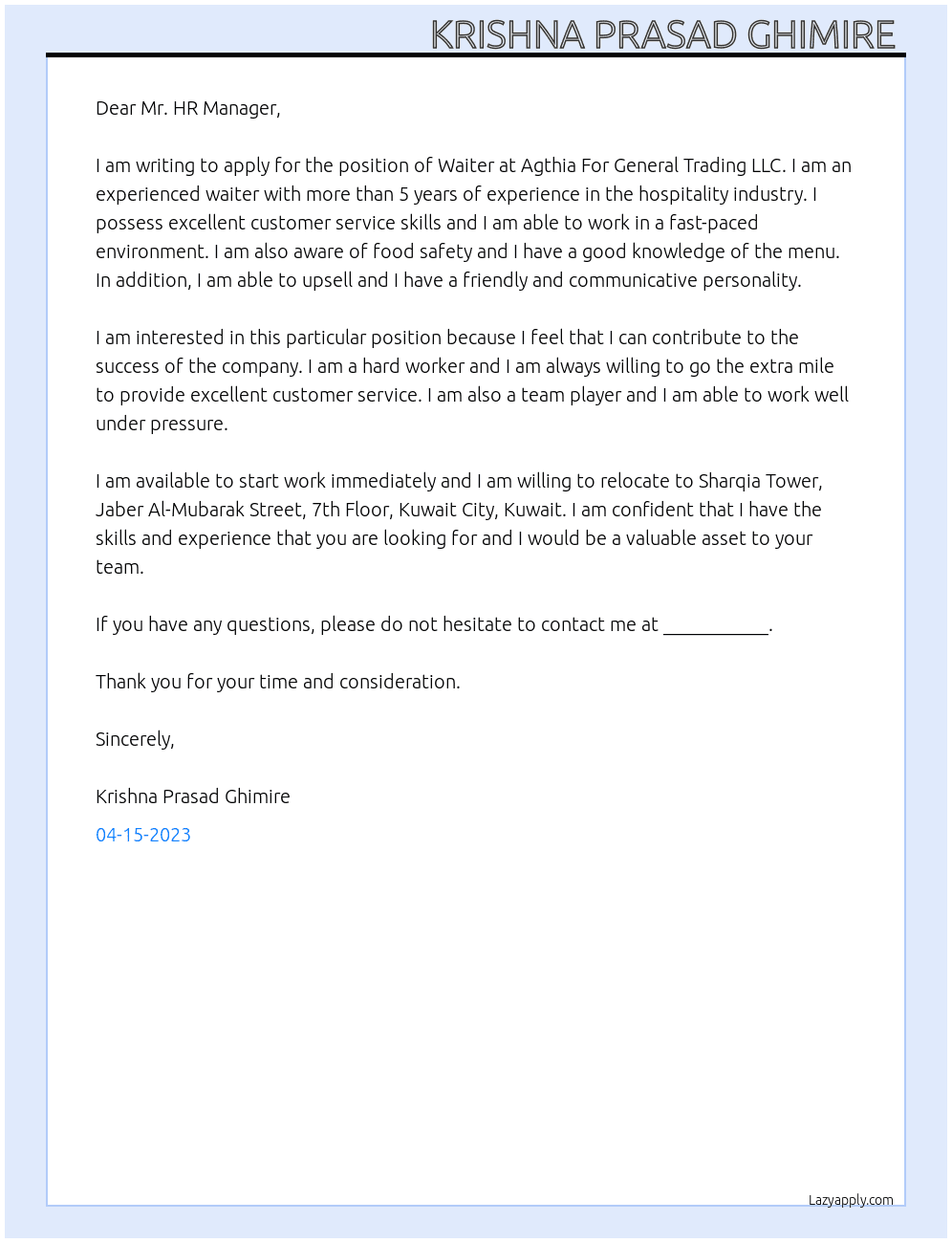 Waiter At Agthia For General Trading LLC Cover Letter