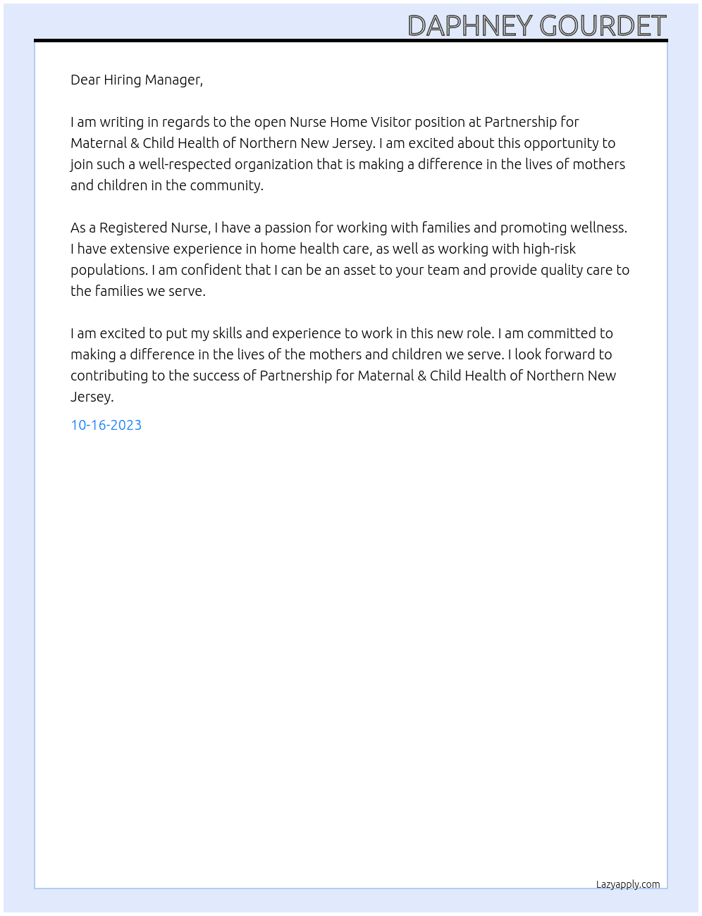 Nurse Home Visitor At Partnership for Maternal & Child Health of Northern New Jersey Cover Letter