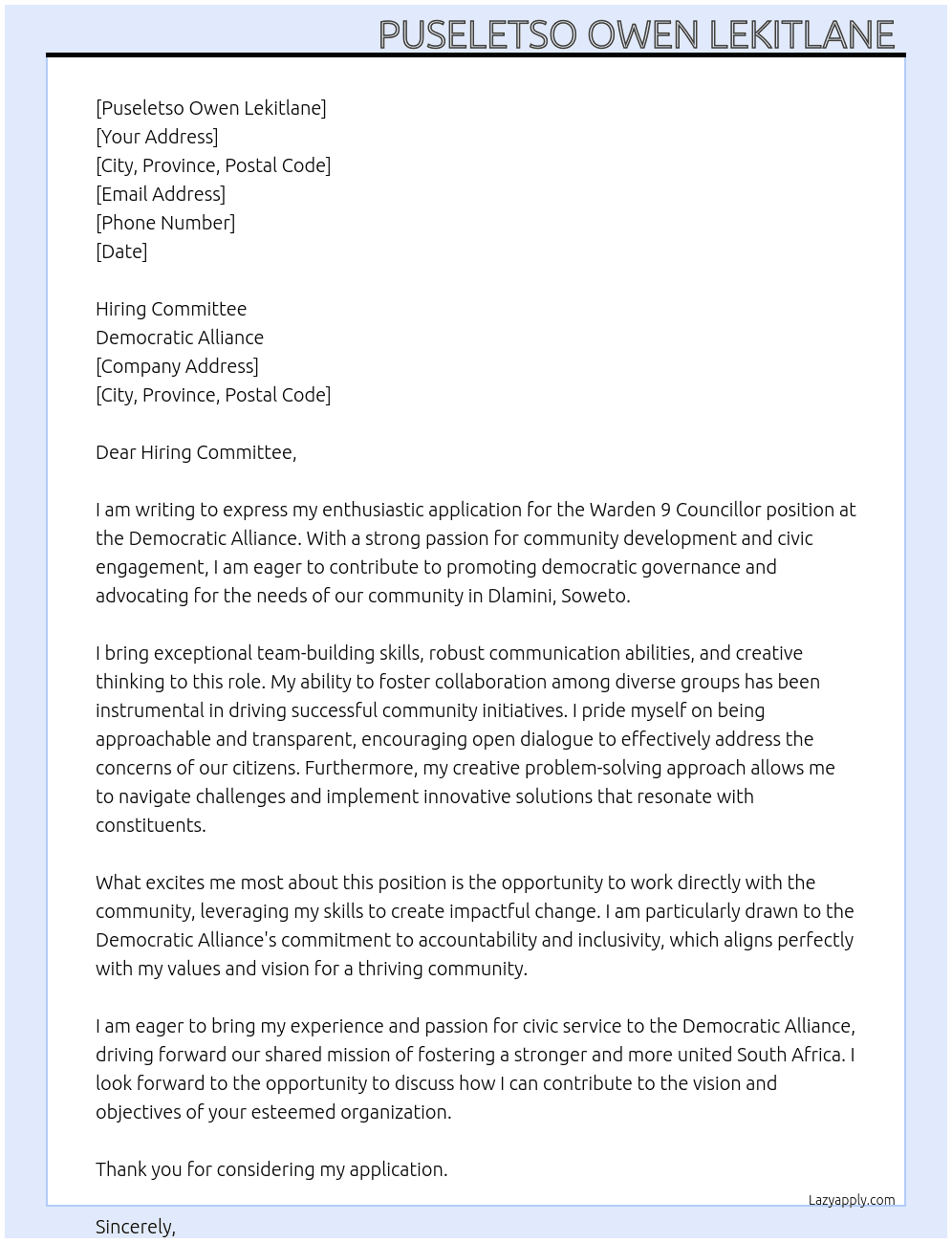 Warden  9 councillor  At Democratic alliance  Cover Letter