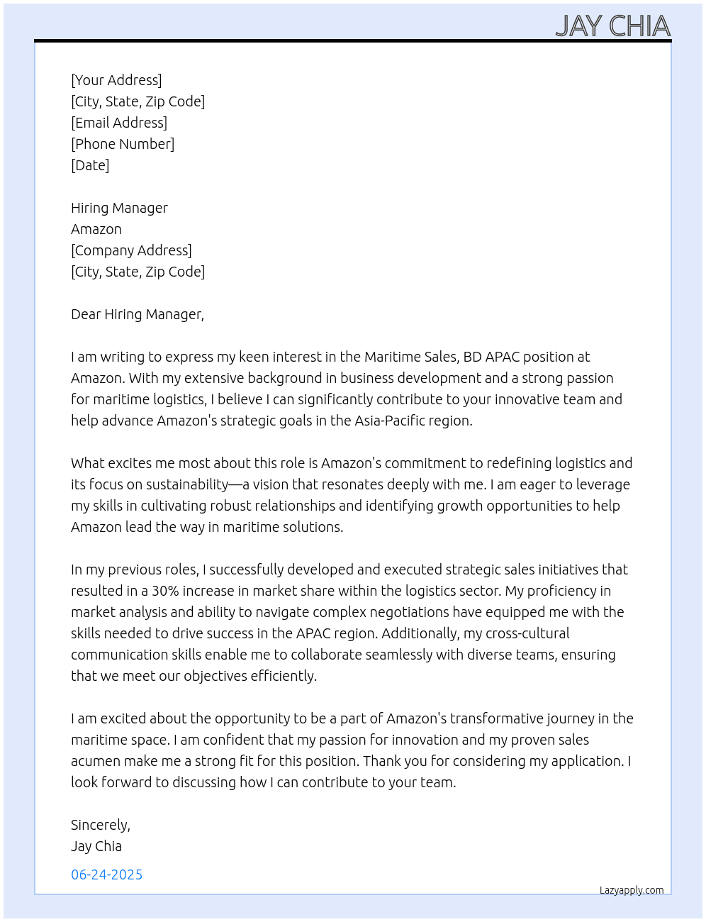 Maritime Sales, BD APAC At Amazon Cover Letter