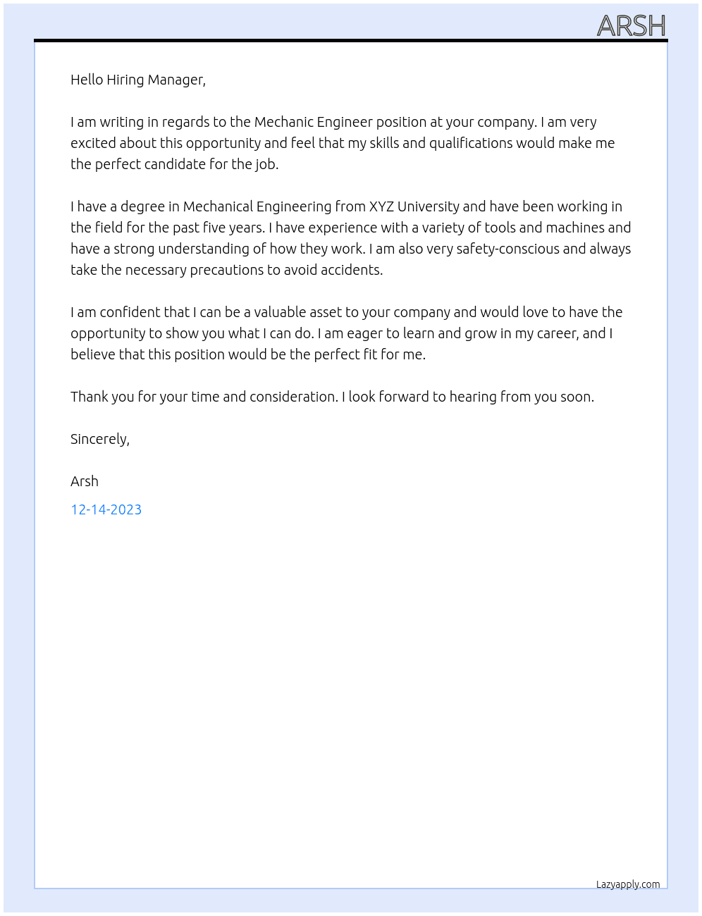 mechainc engineer At mechaic engineering Cover Letter