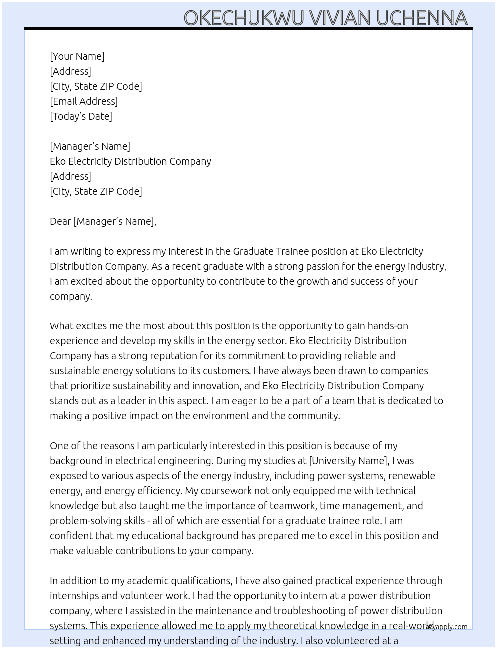 Graduate trainee  At Eko Electricity Distribution Company  Cover Letter