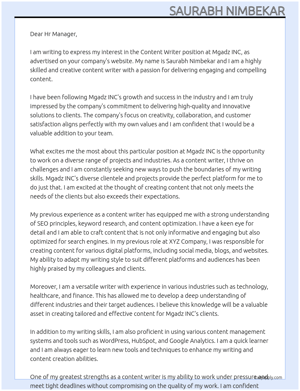 Content Writer At Mgadz INC Cover Letter
