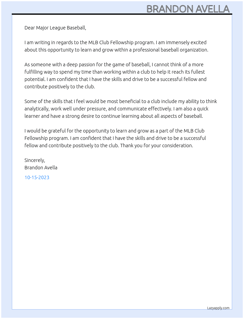 MLB Club Fellowship program At Major League Baseball  Cover Letter